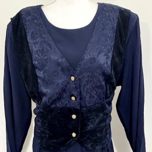 Vintage Lady Dorby Maxi Dress & Attached Vest Navy Blue Modest Cottagecore 24W - Picture 2 of 6